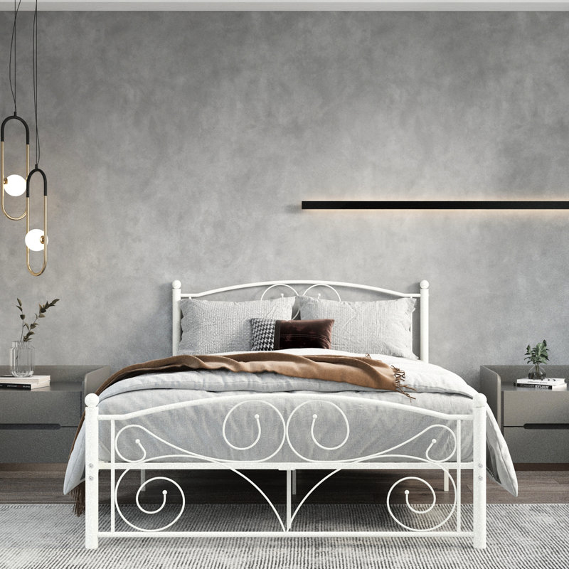 Structure de lit en métal blanc pleine grandeur, système de fleurs unique, facile à assembler, pas de sommier tapissier nécessaire en métal, silencieux et stable, compatible avec les matelas en mousse à mémoire de forme, nécessaire