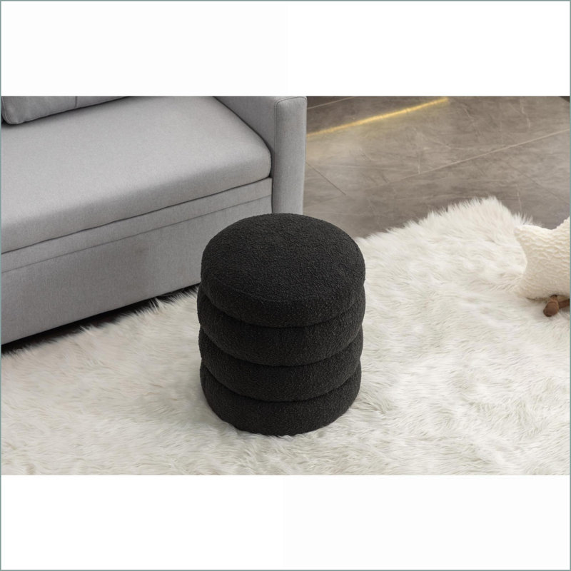Ottoman Round Footrest Stool - Soft Boucle, 17x17x18.5, Living Room Bedroom Sofa | Black | Boucle, Black Boucle