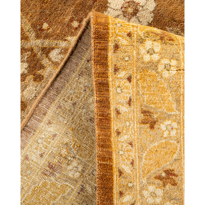Tapis jaune noué à la main de conception unique et unique Ulana Mogul 6 pi 2 po x 9 pi 2 po