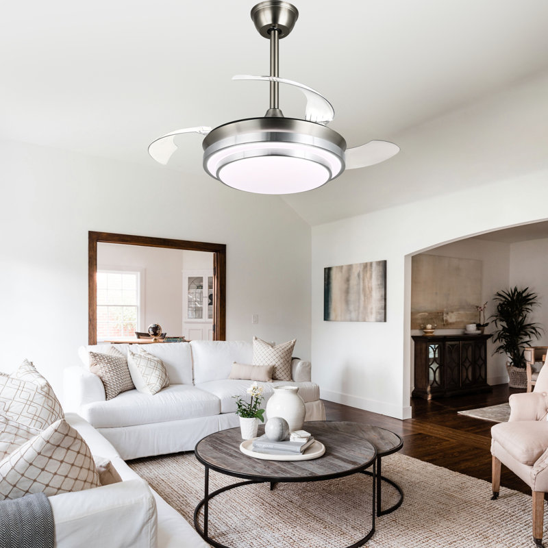 36 Inch Retractable Ceiling Fan With Lights, Modern 6 Speeds Silent DC Motor Fandelier Ceiling Fan For Bedroom, Chrome, Clear