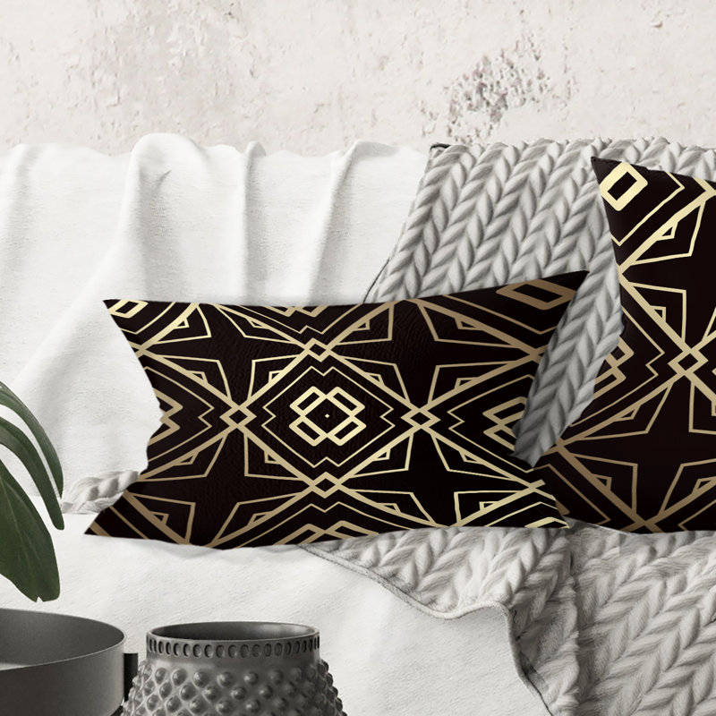 Coussin décoratif doré et noir à motif Art déco Mid-Century