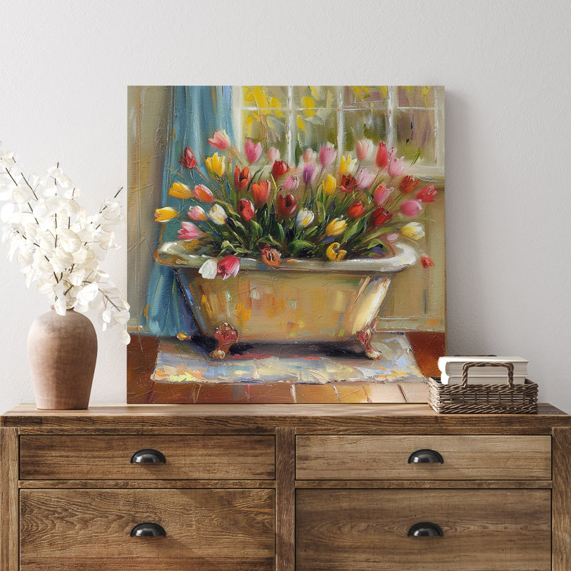 «Colorful Tulip Flowers In The Bathaign» - reproduction d'art sur toile encadrée, Toile tendue, H 16 po x l 16 po x P 1,5 po