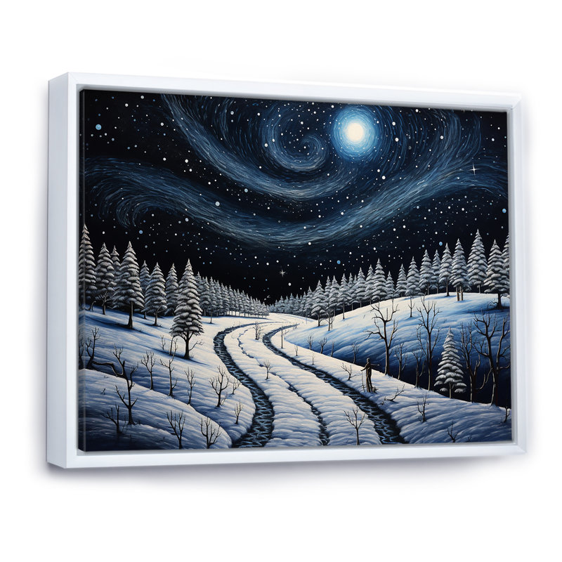 Frosty Pathway Road Into Winter Embrace V - Art mural sur route, Cadre flottant blanc, H 30 po x l 40 po x P 1,5 po