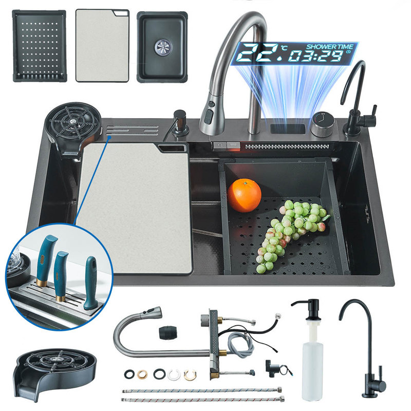 Évier de cuisine Mosson à affichage numérique de 75 cm (29,5 pouces) avec robinet extractible, lave-tasses et accessoires de préparation