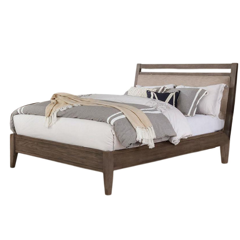 Lit Wana avec tête de lit beige, bois massif brun-gris, Grand lit