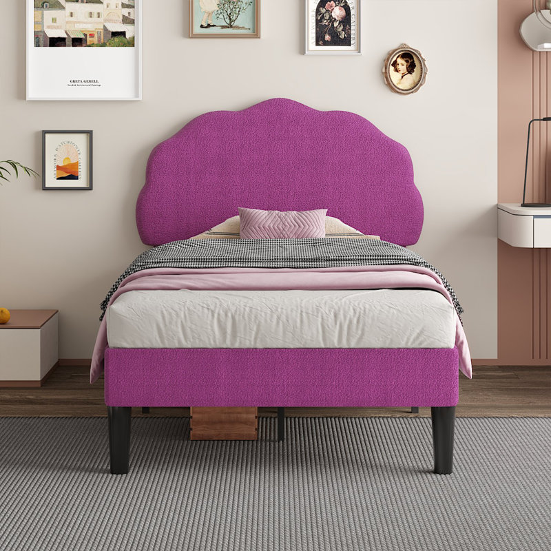 Twin Size Bed Frames With Cimahi Adjustable Teddy Fleece Headboard, Upholstered Platform Bed W/Slats Support, Purple