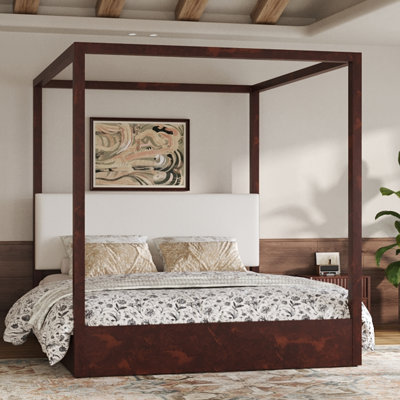 King Size Canopy Platform Bed with Upholstered Headboard, Espresso Wood Frame Bedroom Furniture
