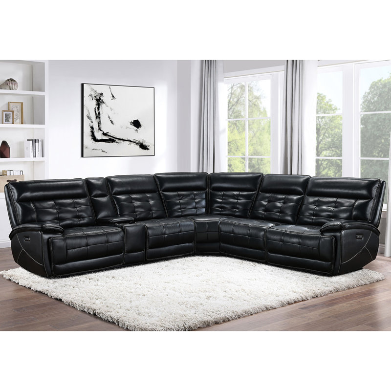 Canapé modulaire en cuir noir à double puissance avec capitonnage à grille moderne et porte-gobelets amovibles pour la console