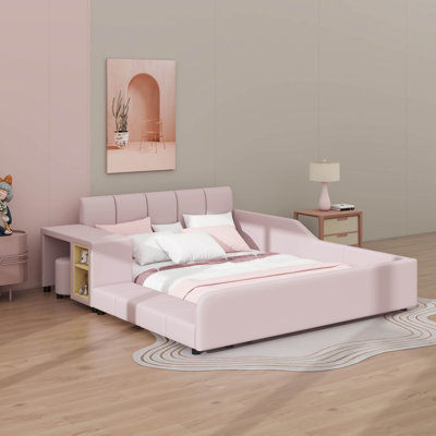 Full-Size Upholstered Low-Rise Bed, Combined Mother-Child Bed With Side Table & Mini Stool
