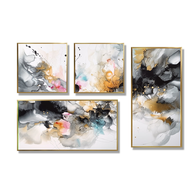 Profondeurs géométriques blanches et grises III - Décoration murale géométrique abstraite 4 pièces, Doré