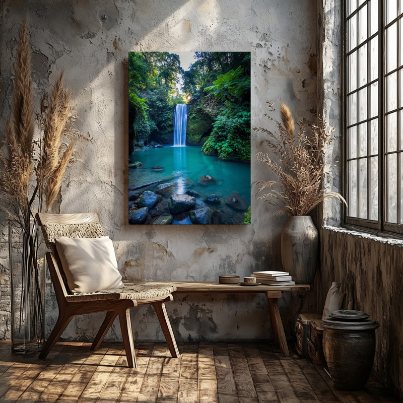 Reproduction d'art sur toile, "Une scène sereine dans une forêt avec une cascade majestueuse en cascade vers le bas"
