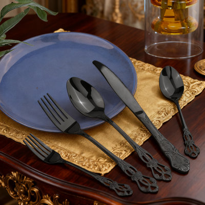 60-Piece Black Silverware Set With Gift Box, Retro Royal Stainless Steel Flatware Set For 12, Elegant Mirror Black Cutlery Set With Intricate Design, Dishwasher Safe Kitchen Tableware