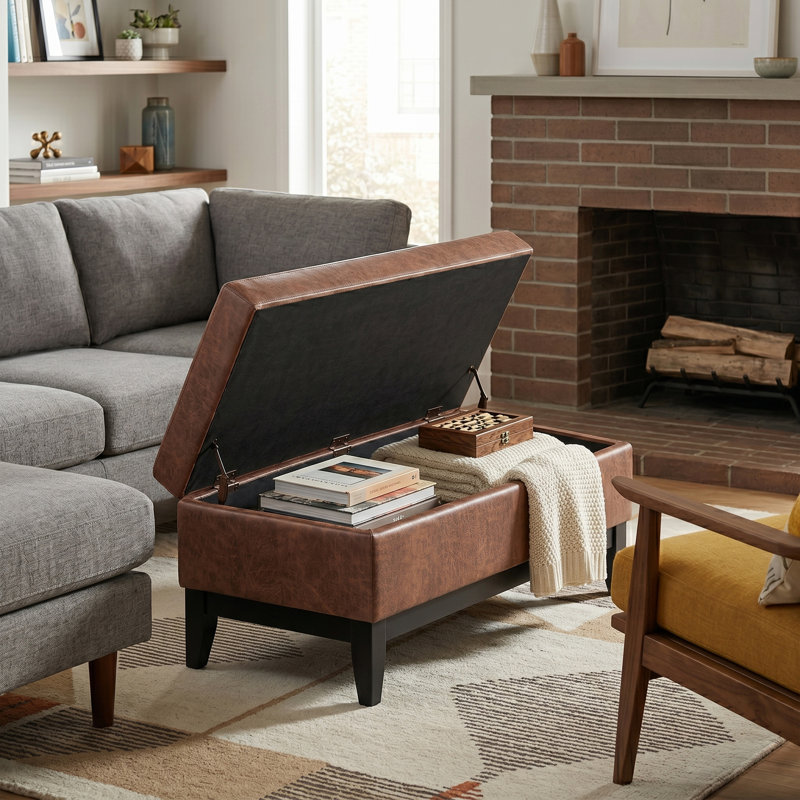 Oregon 42"W Upholstered Vegan Leather Contemporary Rectangular Lift-Up Storage Ottoman Bench with Tray and Hidden Storage