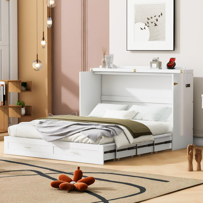 Agostinho Henline Murphy Bed with Drawer and USB Ports & AC Outlets, Wall Bed with Pulley Structure Design, Queen, White
