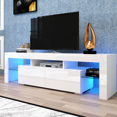 White Tv Stand With 20 Colors Led Lights And Remote, 63 Inches Long, For 60 - 69 Flat Tvs, Different Flash Effects Modern Wide, 3D Good Living Room