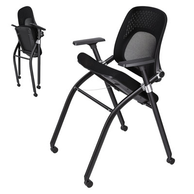 Chaises de salle de conférence empilables et pliables, chaises de bureau roulantes 2 pièces avec roues en polyuréthane et accoudoirs, dossier en filet pour réunion de bureau, salle de formation
