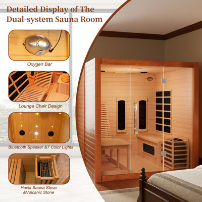 Sauna hybride à cèdre rouge de l'Ouest pour 2 personnes Hylivesaunas | Contrôle WiFi, infrarouge et vapeur Harvia, chaises longues ergonomiques et chromothérapie