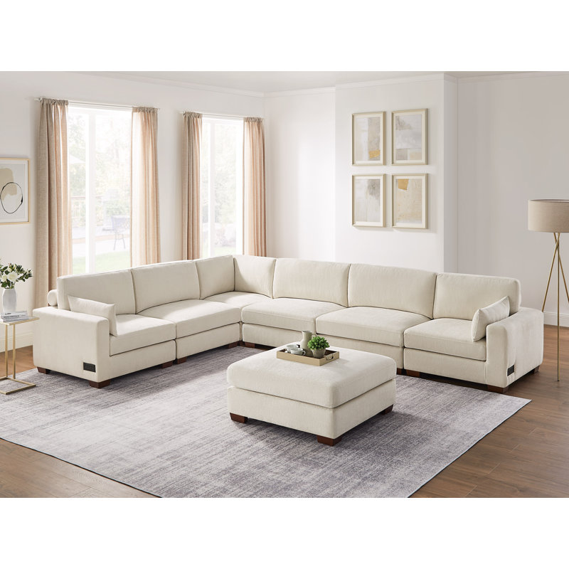 Canapé modulaire rembourré en L 7 pièces avec 2 ports USB et 1 repose-pieds portatif Chayten, Polyester beige