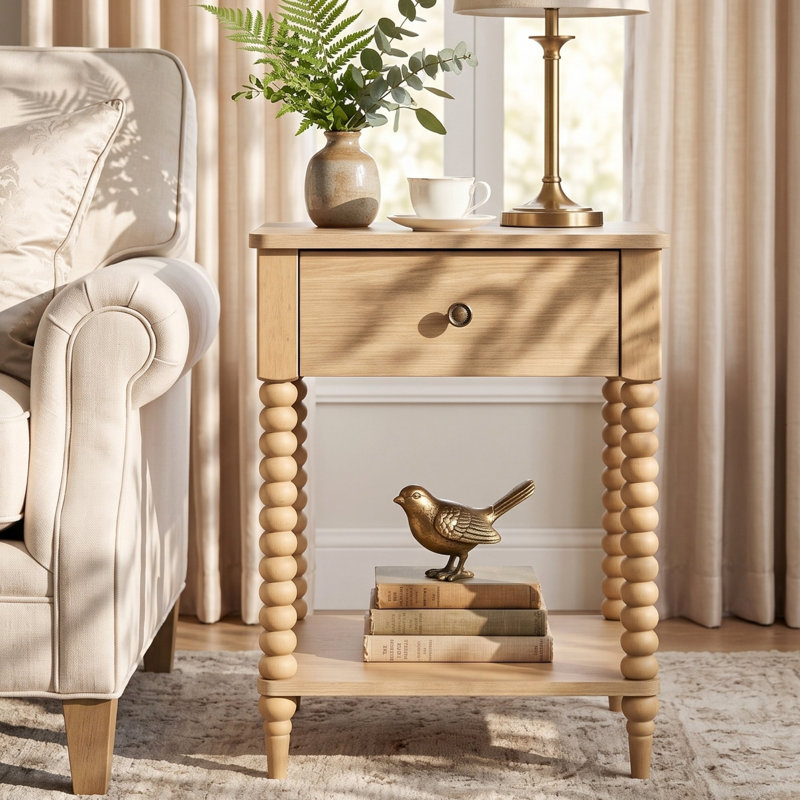 Table de chevet traditionnelle Whitby avec 1 tiroir, tablette de rangement inférieure et pieds tournés, bois naturel, Naturel