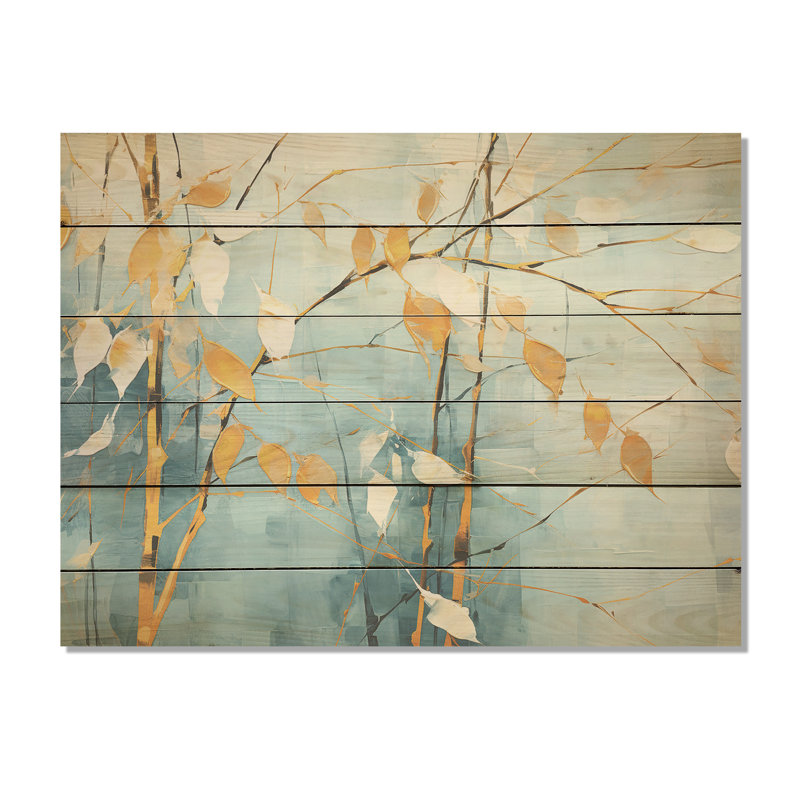 «Blue and Golden Minimalisme Bamboo I», art mural en bois de bambou sur bois de pin naturel, H 30 po x l 40 po