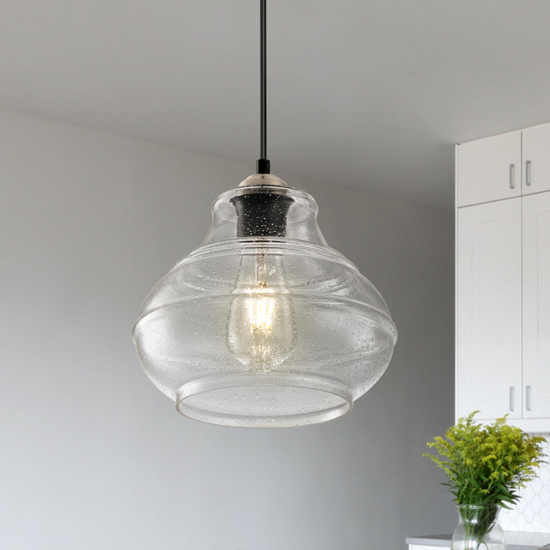 1 - Light Nickel Kitchen Island Pendant with Seed Glass Shade, Apple Green