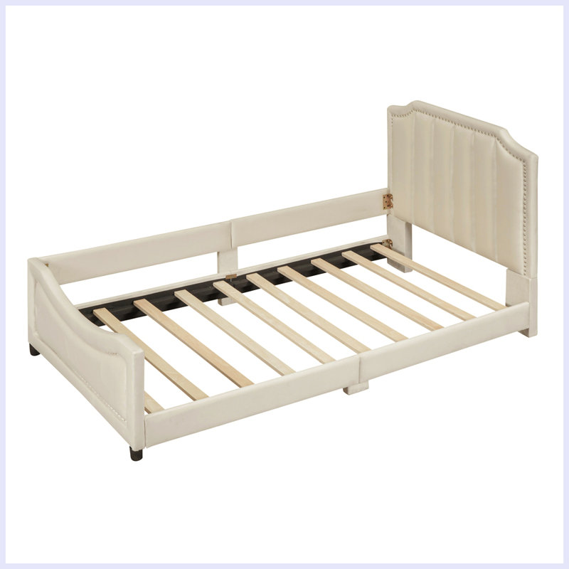 Modern Upholstered Daybed with Classic Stripe Shaped Headboard, Beige