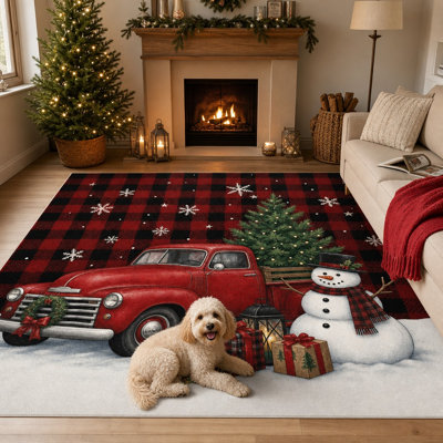 Conception de camion à carreaux et de bonhomme de neige festif de Noël de 1 pièce, tapis de décoration de maison de vacances, facile à nettoyer, grand tapis de sol, envers antidérapant, convient au salon, à la chambre à coucher, à la cuisine, à l'entrée et à l'entrée pour la maison