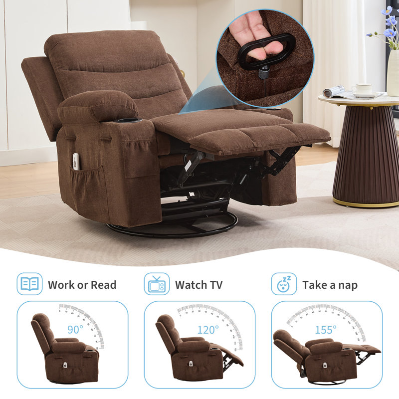 Swivel Rocker Recliner Chair with Massage and Heat, Oversized Reclining Sofa with 360° Swivel, Brown Linen