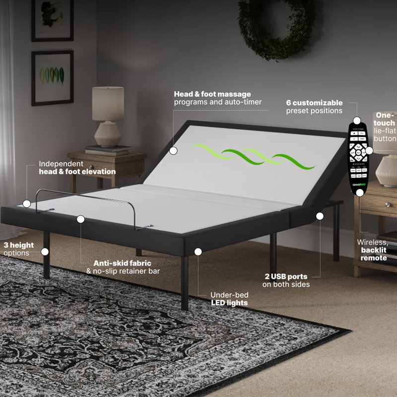 Cadre de lit réglable GhostBed et base électrique avec télécommande sans fil, réglages zéro gravité et massage, Grand lit