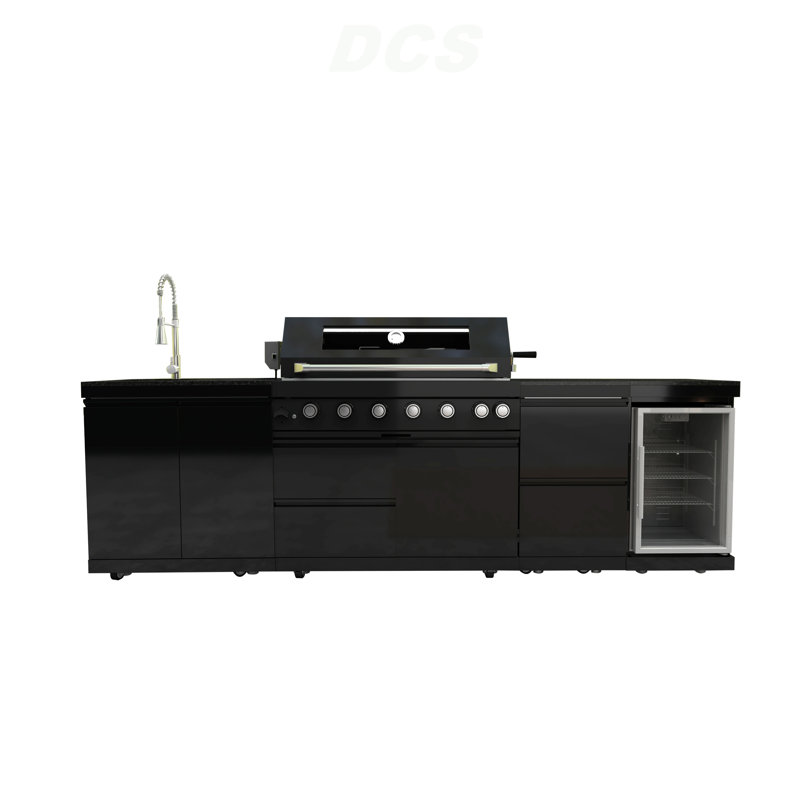 43-Inch 6-Burner 85000 BTU Deluxe Stainless Steel Gas Outdoor Kitchen Bar Barbecue Island Grill + Wine Cooler Compact Refrigerator + Rotisserie Kit + Granite Countertops + Stainless Steel Sink