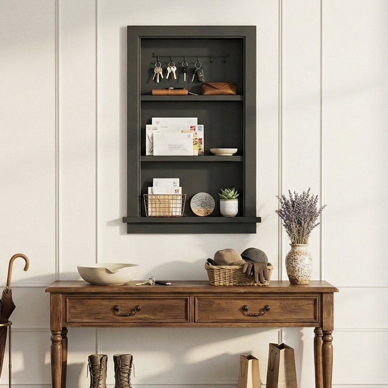 17"W X 5.6"D X 26"H Wall Niche Recessed Solid Wood Rectangle Wall Cabinet, Matte Black