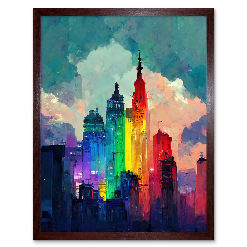 Rainbow Skyscrapers Skyline Cityscape Abstract - Print, 43cm H x 33cm W x 2cm D, Brown Framed Paper