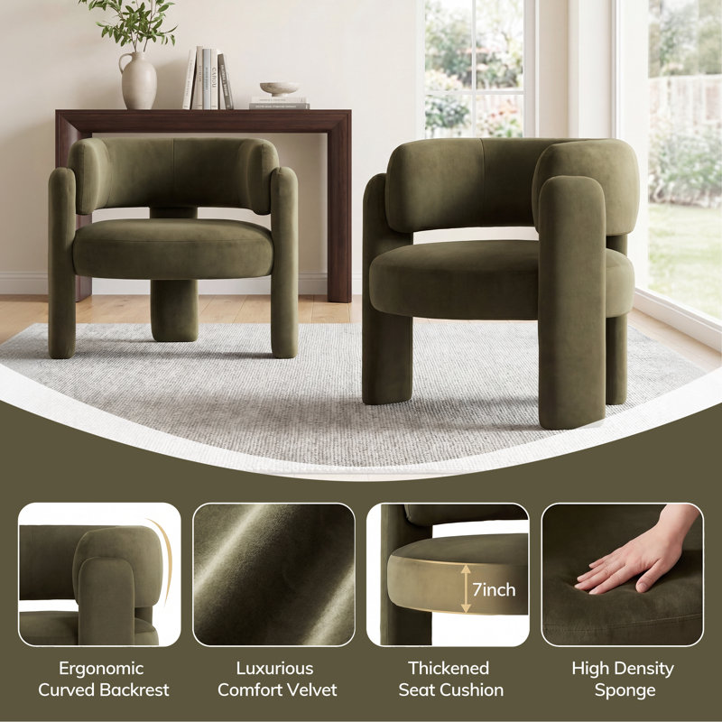 Velvet Upholstered Barrel Dining Armchair, Green