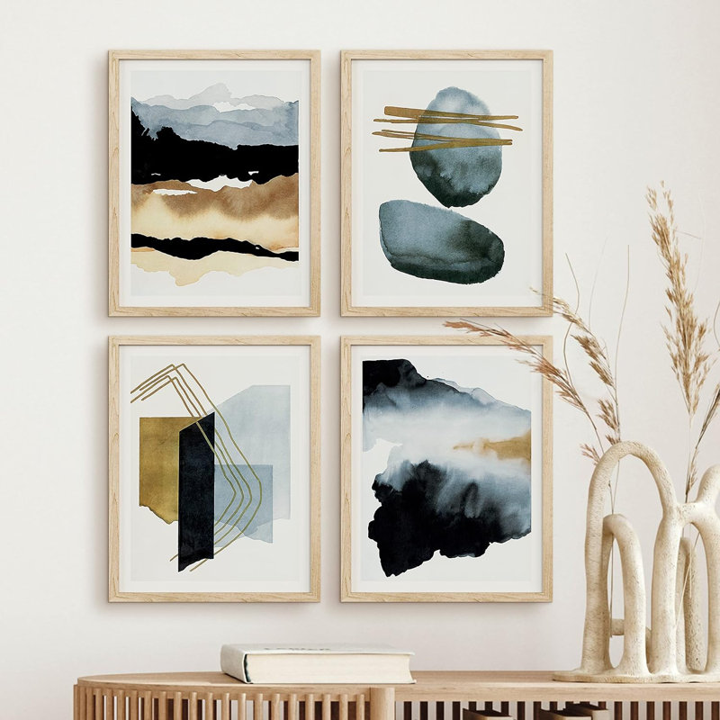 «Bathroom Bathroom Decor Multicolor Blue Pastel Aquarelle Landscape Abstract Shapes Wall Art Relax», impression encadrée sur papier, 4 pièces