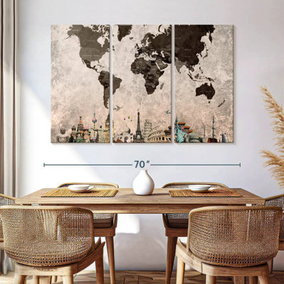 " Grunge Landmarks World Map Multi Piece Canvas Print " by Finnian P 3 - Pieces