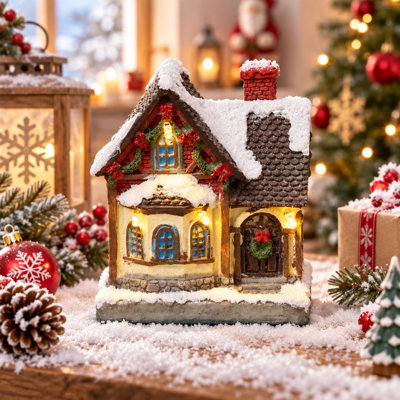 Lighted Christmas Village House, Resin Snowy Cottage with Warm LED Lights, Mini Holiday House Figurine for Tabletop, Mantel, Shelf and Christmas Tree Decor