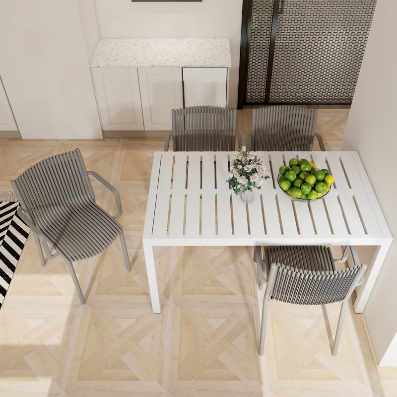 Summer 4Pcs Warm Grey Stackable Armchair With 55 Inch White Modern Table - Indoor/Outdoor Use, Lightweight And Durable