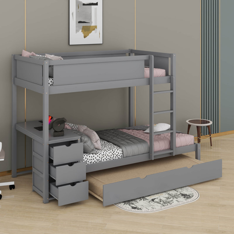 Twin Over Twin Bunk Bed With Trundle And Desk, Gray