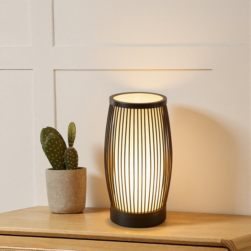 Set Of 2 Full-assembled Versatile Bamboo Drum Table Lamp With Soft Glow, Walnut, Black