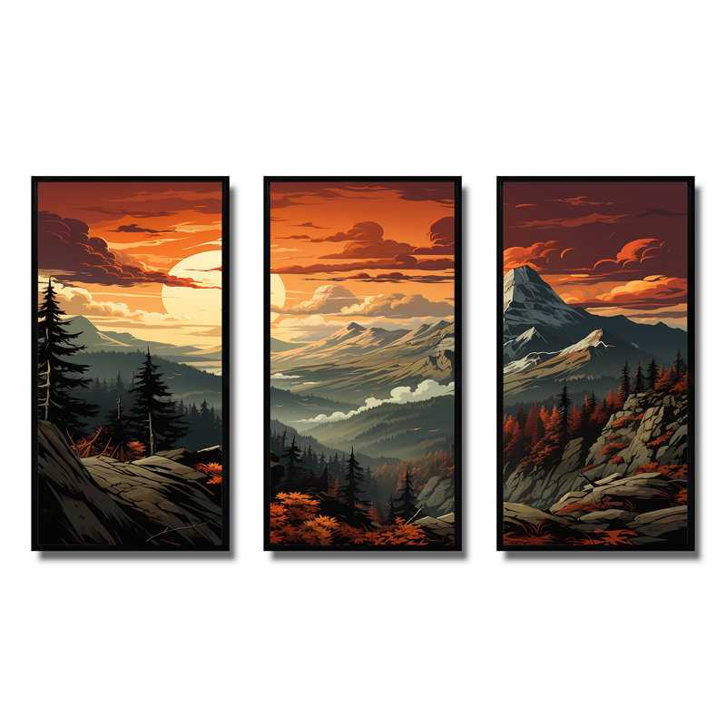 «Yellow Lakeside Mountain Sunset Wonderland III», art mural forêt et rivière, Cadre flottant noir, H 28 po x l 36 po x P 1 po