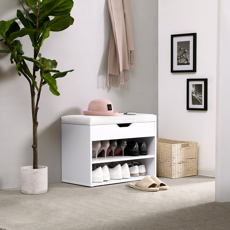 Saer 6 Pair Shoe Storage Bench, White, White