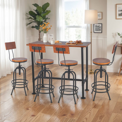 SET OF 5,Industrial Bar Table Set With Swivel Bar Stools - Rustic Pub Height Table And Chairs For Kitchen, Dining Room, Small Space, Home Bar - Wooden by Trent Austin Design