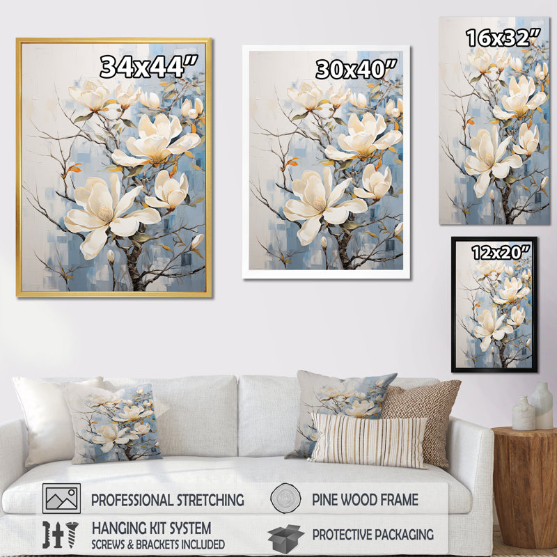 «Blue and White Magnolias Flowers Harmony», reproduction sur toile, Cadre flottant noir, H 20 po x l 12 po x P 1 po
