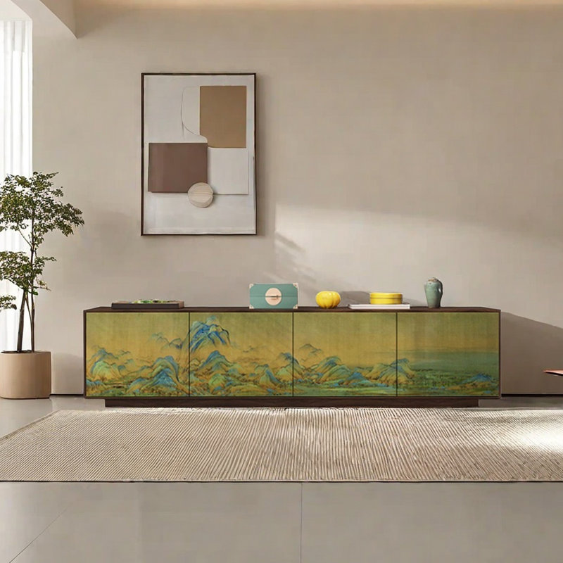 Meuble télé en bois de pin naturel, 70.86", Noir/vert