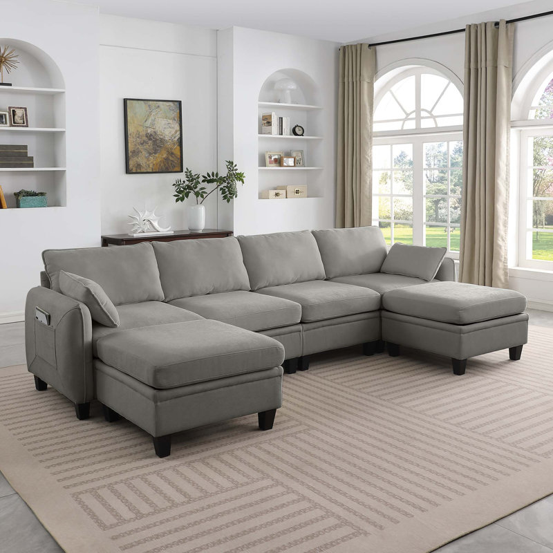 Canapé modulaire en chenille avec repose-pieds, Chenille - gris foncé