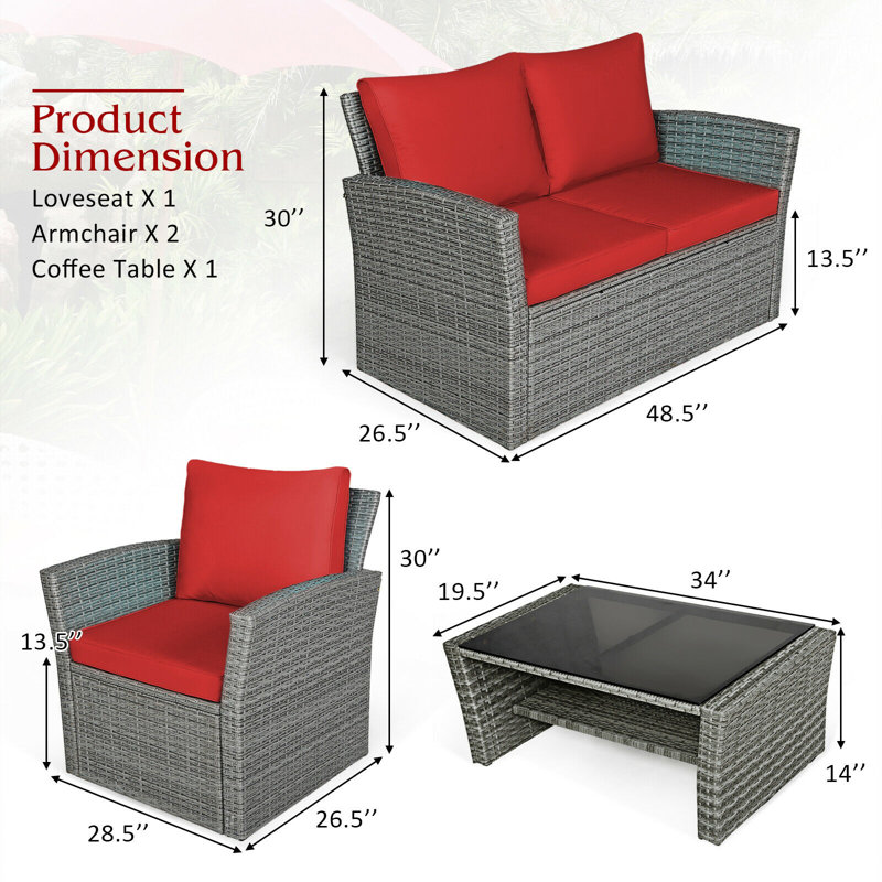 Bonita 4 - Person Patio Conversation Set with Cushions, Red
