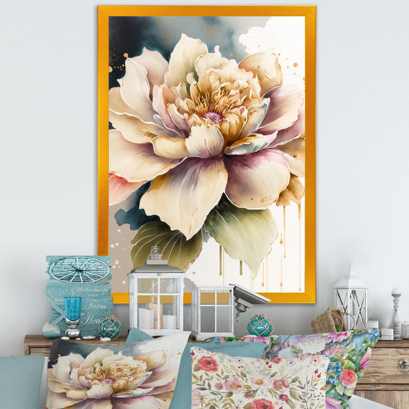 Rose et crème, aquarelle, fleur V - Impression sur toile, Toile encadrée dorée avec coins fermés