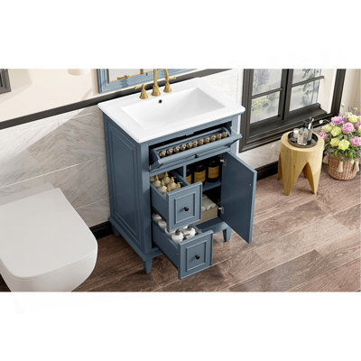 Meuble-lavabo 24 po avec lavabo, meuble-lavabo avec un tiroir rabattable et deux tiroirs, tablette réglable, bois massif et panneau de fibres à densité moyenne, bleu gris