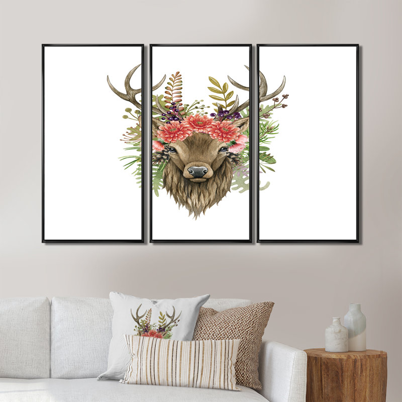 Portrait de cerf avec fleurs - ensemble d'art mural sur toile traditionnel encadré de 3, L 36 po x H 28 po x P 1 po, Noir