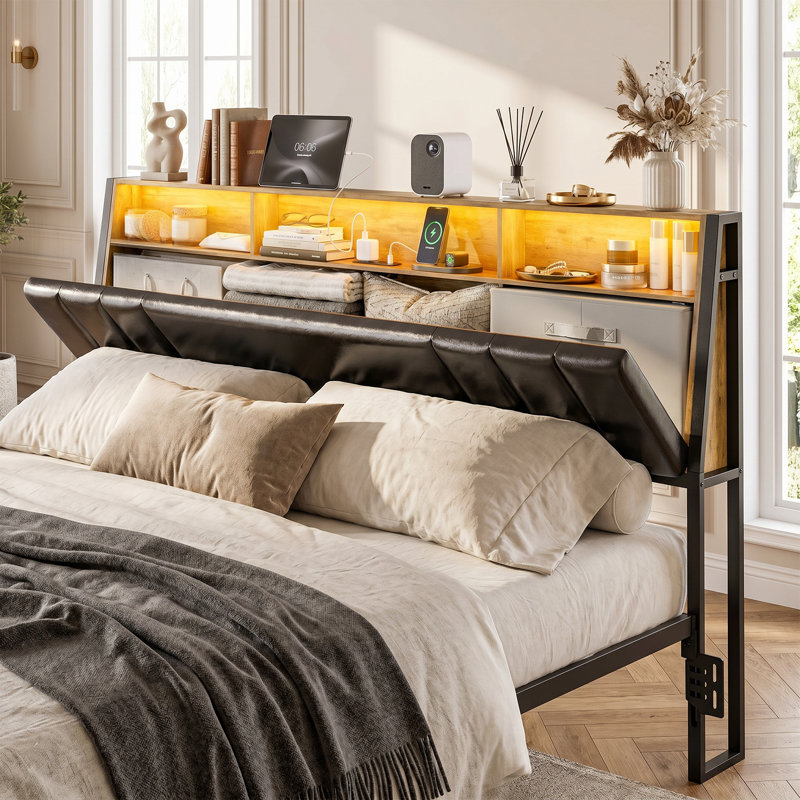 Hidden Storage Headboard California King Size With Charging Station, Ergonomic Upholstered Cal King Headboard Only With Led Lights, 2 Usb Ports & 2 Outlets, Easy Assembly, Black